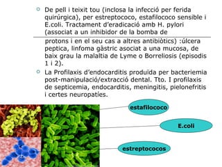    De pell i teixit tou (inclosa la infecció per ferida
    quirúrgica), per estreptococo, estafilococo sensible i
    E.coli. Tractament d’eradicació amb H. pylori
    (associat a un inhibidor de la bomba de
    protons i en el seu cas a altres antibiòtics) :úlcera
    peptica, linfoma gàstric asociat a una mucosa, de
    baix grau la malaltia de Lyme o Borreliosis (episodis
    1 i 2).
   La Profilaxis d’endocarditis produïda per bacteriemia
    post-manipulació/extracció dental. Tto. I profilaxis
    de septicemia, endocarditis, meningitis, pielonefritis
    i certes neuropatíes.

                                estafilococo


                                                E.coli



                             estreptococos
 