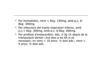    Per hemodialisi, nens < 6kg: 150mg, amb p.c. 6-
    8kg: 300mg.
   Per infeccions del tracte respiratori inferior, amb
    p.c.< 6kg: 300mg, amb p.c. 6-8kg: 600mg.
   Per profilaxi d’endocarditis: ads. 2-3g 1h abans de la
    manipulació dental i 2na dosi a les 6h si es
    necessari; en nens < 10 anys: ½ dosi ads.; nens <
    5 anys: ¼ dosi ads.
 