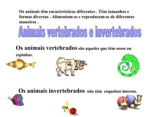 Os animais têm características diferentes . Têm tamanhos e
formas diversas . Alimentam-se e reproduzem-se de diferentes
maneiras .
Os animais vertebrados são aqueles que têm ossos ou
espinhas.
Os animais invertebrados não têm esqueleto interno.
 