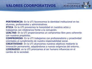 VALORES COORPORATIVOSPERTENENCIA: En la UTI favorecemos la identidad institucional en los alumnos, profesionales y administrativos.ETICA: En la UTI proveemos la honestidad en nuestros actos y trabajamos con intolerancia frente a la corrupción.LEALTAD: En la UTI proporcionamos un compromiso libre pero coherente con nuestros propósitos.COMPROMISO: En la UTI trabajamos con profesionalismo y proactividad orientados al cumplimiento de nuestra responsabilidad social.CREATIVIDAD: En la UTI alcanzamos nuestros objetivos mediante la innovación permanente, adaptándonos a nuevas exigencias del entorno.LIDERAZGO: en la UTI priorizamos al ser humano influencias en el cambio de la sociedad.