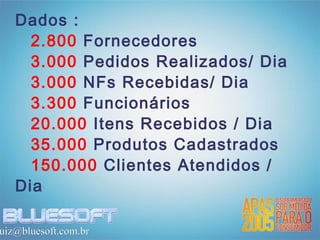 Dados :
     2.800 Fornecedores
     3.000 Pedidos Realizados/ Dia
     3.000 NFs Recebidas/ Dia
     3.300 Funcionários
     20.000 Itens Recebidos / Dia
     35.000 Produtos Cadastrados
     150.000 Clientes Atendidos /
   Dia

uiz@bluesoft.com.br
 