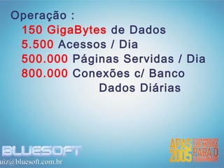 Operação :
    150 GigaBytes de Dados
    5.500 Acessos / Dia
    500.000 Páginas Servidas / Dia
    800.000 Conexões c/ Banco
                Dados Diárias




uiz@bluesoft.com.br
 