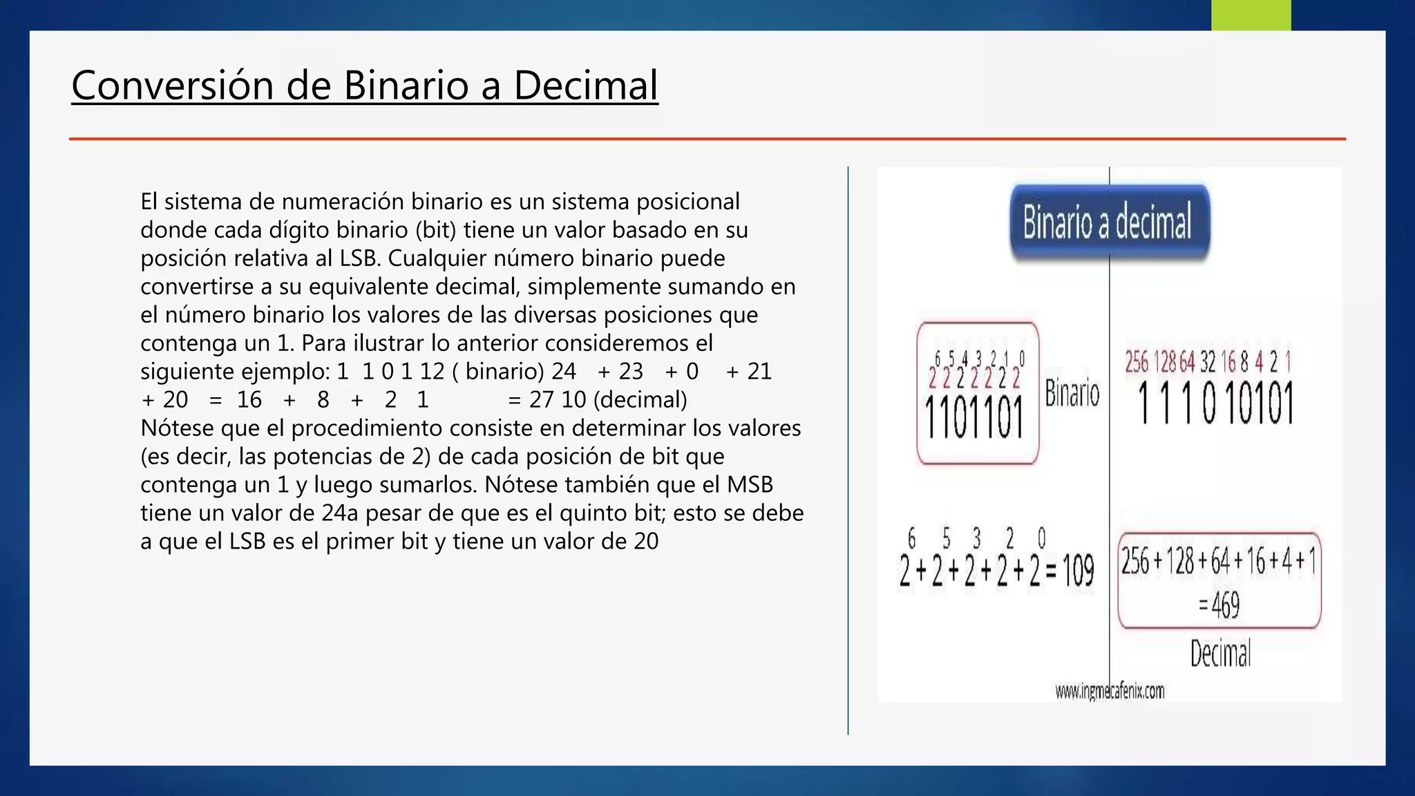 Conversión de Binario a Decimal
El sistema de numeración binario es un sistema posicional
donde cada dígito binario (bit) tiene un valor basado en su
posición relativa al LSB. Cualquier número binario puede
convertirse a su equivalente decimal, simplemente sumando en
el número binario los valores de las diversas posiciones que
contenga un 1. Para ilustrar lo anterior consideremos el
siguiente ejemplo: 1 1 0 1 12 ( binario) 24 + 23 + 0 + 21
+ 20 = 16 + 8 + 2 1 = 27 10 (decimal)
Nótese que el procedimiento consiste en determinar los valores
(es decir, las potencias de 2) de cada posición de bit que
contenga un 1 y luego sumarlos. Nótese también que el MSB
tiene un valor de 24a pesar de que es el quinto bit; esto se debe
a que el LSB es el primer bit y tiene un valor de 20
 