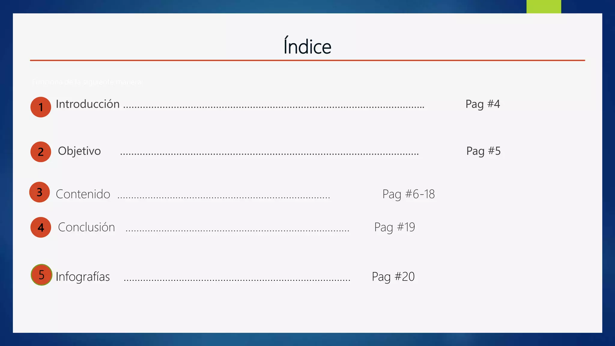Índice
Funciona de la siguiente manera:
1 Introducción …………………………………………………………………………………………….. Pag #4
2 Objetivo ……………………………………………………………………………………………. Pag #5
3 Contenido ………………………………………………………………….. Pag #6-18
44 Conclusión ……………………………………………………………………… Pag #19
5 Infografías ………………………………………………………………………. Pag #20
 