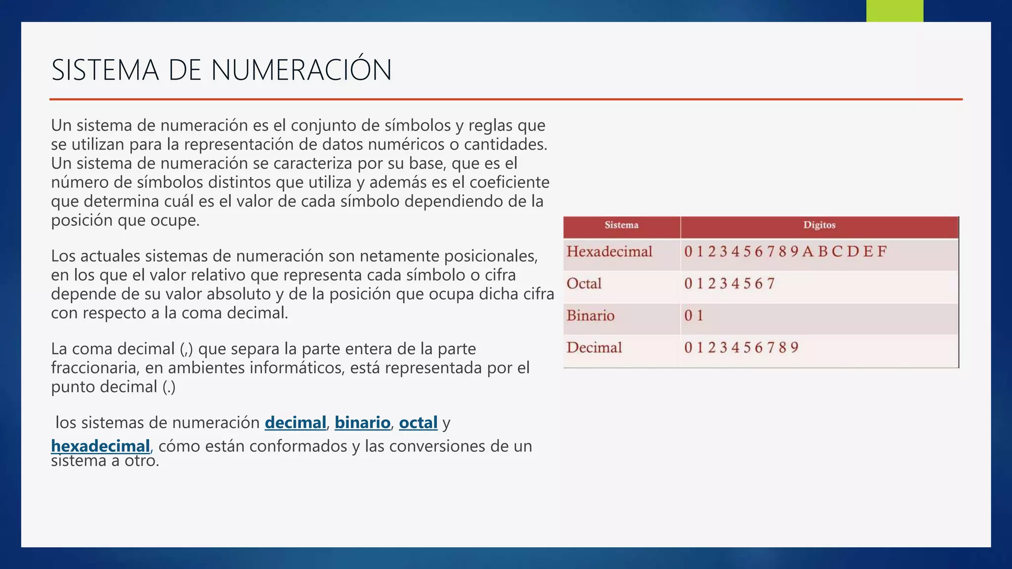 SISTEMA DE NUMERACIÓN
Un sistema de numeración es el conjunto de símbolos y reglas que
se utilizan para la representación de datos numéricos o cantidades.
Un sistema de numeración se caracteriza por su base, que es el
número de símbolos distintos que utiliza y además es el coeficiente
que determina cuál es el valor de cada símbolo dependiendo de la
posición que ocupe.
Los actuales sistemas de numeración son netamente posicionales,
en los que el valor relativo que representa cada símbolo o cifra
depende de su valor absoluto y de la posición que ocupa dicha cifra
con respecto a la coma decimal.
La coma decimal (,) que separa la parte entera de la parte
fraccionaria, en ambientes informáticos, está representada por el
punto decimal (.)
los sistemas de numeración decimal, binario, octal y
hexadecimal, cómo están conformados y las conversiones de un
sistema a otro.
 