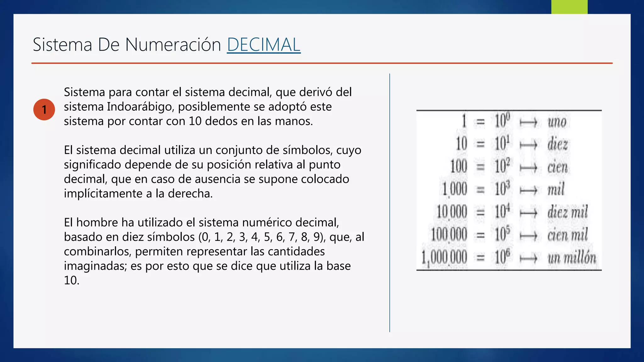 Sistema De Numeración DECIMAL
1
Sistema para contar el sistema decimal, que derivó del
sistema Indoarábigo, posiblemente se adoptó este
sistema por contar con 10 dedos en las manos.
El sistema decimal utiliza un conjunto de símbolos, cuyo
significado depende de su posición relativa al punto
decimal, que en caso de ausencia se supone colocado
implícitamente a la derecha.
El hombre ha utilizado el sistema numérico decimal,
basado en diez símbolos (0, 1, 2, 3, 4, 5, 6, 7, 8, 9), que, al
combinarlos, permiten representar las cantidades
imaginadas; es por esto que se dice que utiliza la base
10.
 