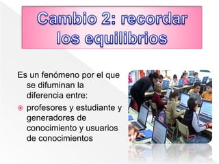 Es un fenómeno por el que
se difuminan la
diferencia entre:
 profesores y estudiante y
generadores de
conocimiento y usuarios
de conocimientos
 