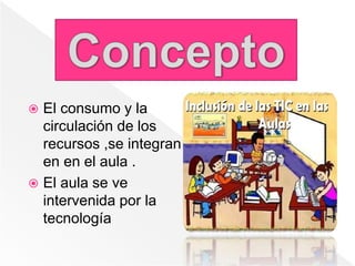  El consumo y la
circulación de los
recursos ,se integran
en en el aula .
 El aula se ve
intervenida por la
tecnología
 