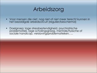 Arbeidszorg Voor mensen die niet, nog niet of niet meer terecht kunnen in het bezoldigde arbeidscircuit (regulier/beschermd) Doelgroep: lage stressbestendigheid, psychiatrische problematiek, lage scholingsgraag, mentale/fysische of sociale handicap, verslavingsproblematieken, … 