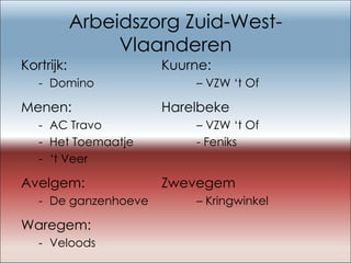 Arbeidszorg Zuid-West-Vlaanderen Kortrijk:  Kuurne: Domino  – VZW ‘t Of Menen:  Harelbeke AC Travo  – VZW ‘t Of Het Toemaatje  - Feniks ‘ t Veer Avelgem:  Zwevegem De ganzenhoeve  – Kringwinkel Waregem: Veloods 