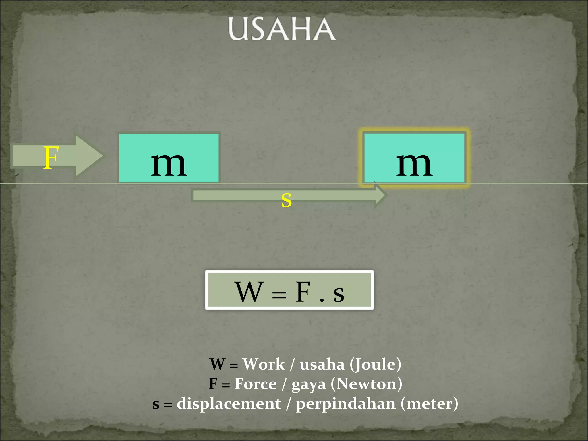 m F s W =  Work / usaha (Joule) F =  Force / gaya (Newton) s =  displacement / perpindahan (meter) W = F . s m 
