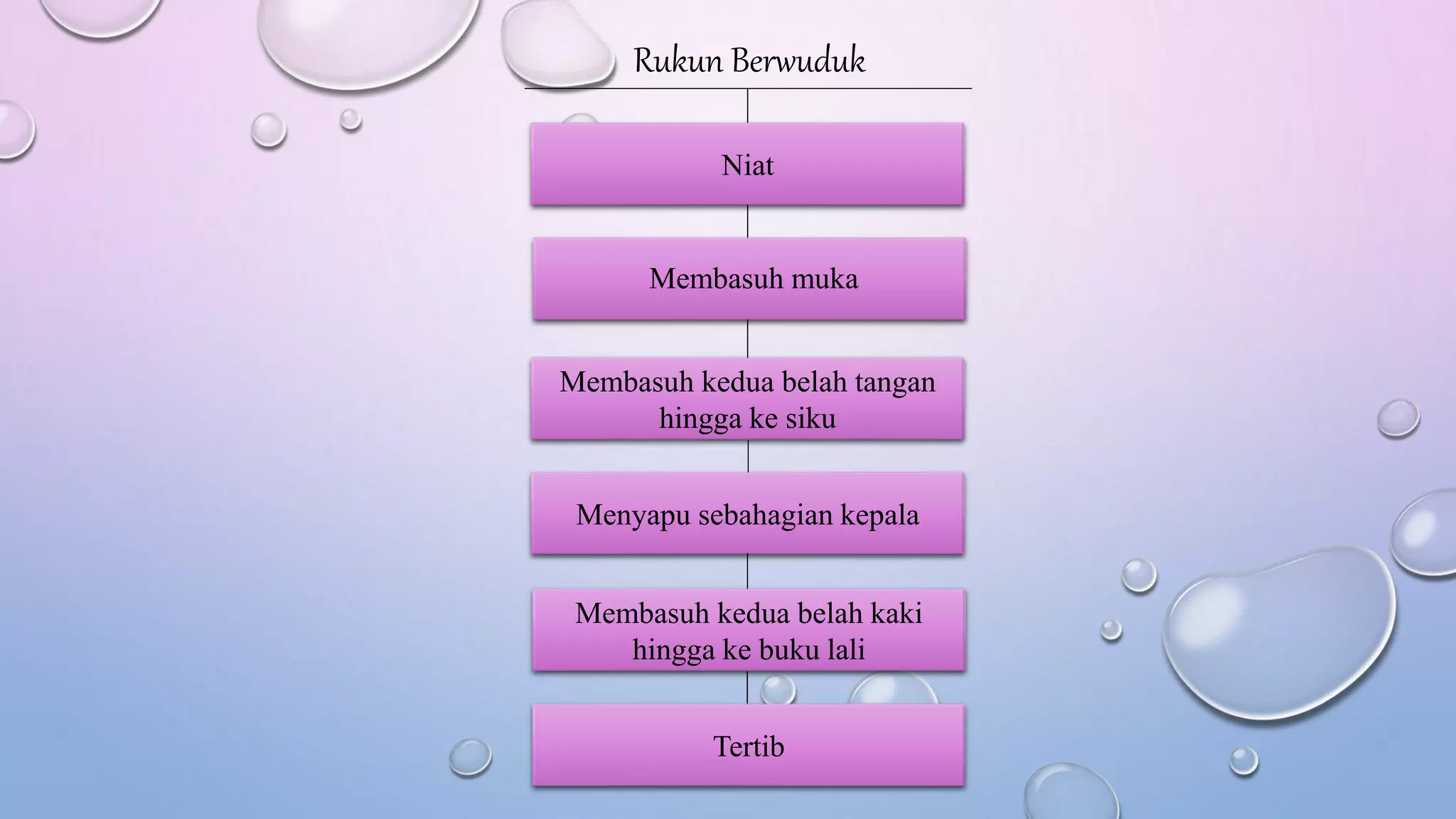 Rukun Berwuduk
Niat
Membasuh muka
Membasuh kedua belah tangan
hingga ke siku
Menyapu sebahagian kepala
Membasuh kedua belah kaki
hingga ke buku lali
Tertib
 