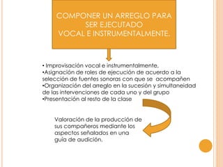 COMPONER UN ARREGLO PARA
SER EJECUTADO
VOCAL E INSTRUMENTALMENTE.
• Improvisación vocal e instrumentalmente,
•Asignación de roles de ejecución de acuerdo a la
selección de fuentes sonoras con que se acompañen
•Organización del arreglo en la sucesión y simultaneidad
de las intervenciones de cada uno y del grupo
•Presentación al resto de la clase
Valoración de la producción de
sus compañeros mediante los
aspectos señalados en una
guía de audición.
 