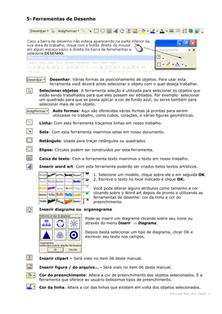 KHouse PUC-Ri o 2005 -6-
5- Ferramentas de Desenho
Desenhar: Várias formas de posicionamento de objetos. Para usar esta
ferramenta você deverá antes selecionar o objeto com o qual deseja trabalhar.
Selecionar objetos: A ferramenta seleção é utilizada para selecionar os objetos que
estão sendo trabalhados para que eles possam ser editados. Por exemplo: selecionar
um quadrado para que se possa aplicar a cor de fundo azul; ou serve também para
selecionar mais de um objeto.
Auto formas: Aqui são oferecidas várias formas já prontas para serem
utilizadas no trabalho, como cubos, corações, e várias figuras geométricas.
Linha: Com esta ferramenta traçamos linhas em nosso trabalho.
Seta: Com esta ferramenta inserimos setas em nosso documento.
Retângulo: Usada para traçar retângulos ou quadrados
Elipse: Círculos podem ser construídos por esta ferramenta.
Caixa de texto: Com a ferramenta texto inserimos o texto em nosso trabalho.
Inserir word art: Com esta ferramenta poderão ser criados belos textos artísticos.
1. Selecione um modelo, clique sobre ele e em seguida OK.
2. Escreva o texto no local indicado e clique OK.
Você pode alterar alguns atributos como tamanho e cor
clicando sobre o Word art depois de pronto e utilizando as
ferramentas de desenho: cor da linha e cor do
preenchimento.
Inserir diagrama ou organograma
Pode-se inserir um diagrama clicando sobre seu ícone ou
através do menu Inserir ⇒ Diagrama.
Depois basta selecionar um tipo de diagrama, clicar OK e
escrever seu texto nos campos.
Inserir clipart – Será visto no item 06 deste manual.
Inserir figura / do arquivo… - Será visto no item 06 deste manual.
Cor do preenchimento: Altera a cor de preenchimento dos objetos selecionados. É a
ferramenta que oferece ao usuário belíssimos tipos de preenchimento.
Cor da linha: Altera a cor das linhas que existem em volta dos objetos selecionados.
 