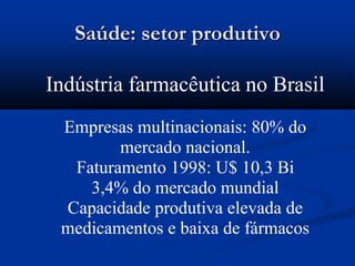 Saúde: setor produtivo
Indústria farmacêutica no Brasil
Empresas multinacionais: 80% do
mercado nacional.
Faturamento 1998: U$ 10,3 Bi
3,4% do mercado mundial
Capacidade produtiva elevada de
medicamentos e baixa de fármacos
 