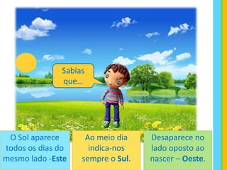 Sabias
que…
O Sol aparece
todos os dias do
mesmo lado -Este
Desaparece no
lado oposto ao
nascer – Oeste.
Ao meio dia
indica-nos
sempre o Sul.