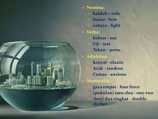  Nomina:
   kaidah – rule
   busur - bow
   cahaya - light
 Verba:
   keluar - out
   Uji - test
   Tekan – press
 Adjektiva:
   kenyal - elastic
   Acak - random
   Cemas - anxious
 Numeralia:
   gaya empat - four force
   (pukulan) satu-dua - one-two
   (bus) dua tingkat - double
     decker
 