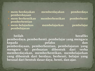  mem-berdayakan       memberdayakan       pemberdaya
  pemberdayaan
 mem-berhentikan     memberhentikan      pemberhenti
  pemberhentian
 mem-belajarkan       membelajarkan        pembelajar
  pembelajaran

    Istilah                                    berafiks
pemberdaya, pemberhenti, pembelajar yang mengacu
kepada                   pelaku                    dan
pemberdayaan, pemberhentian, pembelajaran yang
mengacu ke perbuatan dibentuk dari verba
memberdayakan, memberhentikan, membelajarkan
yang dibentuk dari berdaya, berhenti, belajar yang
berasal dari bentuk dasar daya, henti, dan ajar.
 