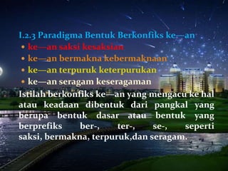 I.2.3 Paradigma Bentuk Berkonfiks ke—an
  ke—an saksi kesaksian
  ke—an bermakna kebermaknaan
  ke—an terpuruk keterpurukan
  ke—an seragam keseragaman
Istilah berkonfiks ke—an yang mengacu ke hal
atau keadaan dibentuk dari pangkal yang
berupa bentuk dasar atau bentuk yang
berprefiks     ber-,   ter-,   se-,  seperti
saksi, bermakna, terpuruk,dan seragam.
 