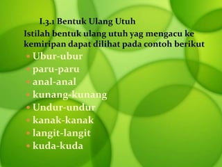I.3.1 Bentuk Ulang Utuh
Istilah bentuk ulang utuh yag mengacu ke
kemiripan dapat dilihat pada contoh berikut
  Ubur-ubur
  paru-paru
  anal-anal
  kunang-kunang
  Undur-undur
  kanak-kanak
  langit-langit
  kuda-kuda
 