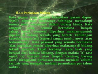 II.1.2 Perluasan Makna
Kata garam yang semula bermakna 'garam dapur'
(NaCl) diperluas maknanya sehingga mencakupi
semua jenis senyawaan dalam bidang kimia. Kata
canggih       yang    semula    bermakna     'banyak
cakap, bawel, ceretwet' diperluas maknanyauntuk
dipakai di bidang teknik, yang berarti 'kehilangan
kesedarhanaan asli (seperti sangat rumit, ruwet, atau
terkembang)'. Kata pesawat yang semula bermakna
'alat, perkakas, mesin' diperluas maknanya di bidang
teknik menjadi 'kapal terbang'. Kata luah yang
berasal dari bahasa Minang, dengan makna '(1) rasa
mual; (2) tumpah atau limpah (tentang barang
cair)', mengalami perluasan makna menjadi 'volume
zat cair yang mengalir melalui permukaan per tahun
waktu'.
 