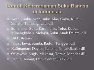  Aceh ; suku Aceh, suku Alas, Gayo, Kluet,
Simelu, Tamiang, Ulu, dll
 Sumatera ; Suku Karo, Nias, Toba, Kubu,
Minangkabau, Melayu, Suku Anak Dalam, dll
 DKI ; Betawi
 Jawa : Jawa, Sunda, Badui, Tengger, dll
 Kalimantan; Dayak, Benuaq, Banjar,Banjar dll
 Sulawesi; Bugis, Makasar, Toraja, Mandar dll
 Papua; Asmat, Dani, Sentani,Biak, dll
 