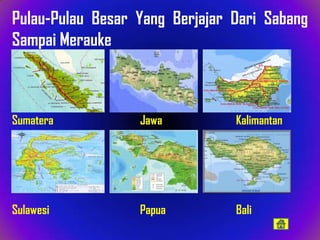 Pulau-Pulau Besar Yang Berjajar Dari Sabang
Sampai Merauke



Sumatera          Jawa          Kalimantan




Sulawesi          Papua         Bali
 