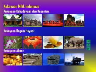 Kekayaan Milik Indonesia
Kekayaan Kebudayaan dan Kesenian :




Kekayaan Ragam Hayati :




Kekayaan Alam :
 