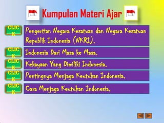 Kumpulan Materi Ajar
Clic
 k     Pengertian Negara Kesatuan dan Negara Kesatuan
       Republik Indonesia (NKRI).
Clic
 k
       Indonesia Dari Masa ke Masa.
Clic
 k
       Kekayaan Yang Dimiliki Indonesia.
Clic
 k
       Pentingnya Menjaga Keutuhan Indonesia.
Clic
 k
       Cara Menjaga Keutuhan Indonesia.
 