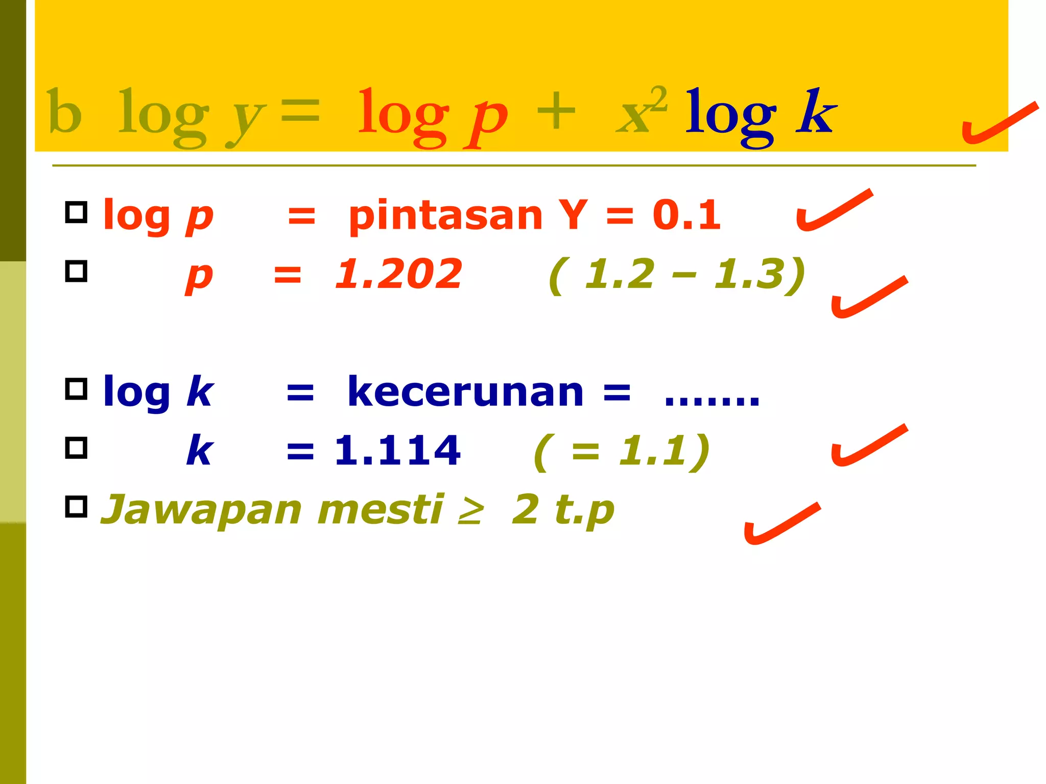 b  log  y  =  log  p  +  x 2   log  k log  p   =  pintasan Y = 0.1 p  =  1.202  ( 1.2 – 1.3) log  k   =  kecerunan =  ……. k  =  1.114  ( = 1.1) Jawapan mesti     2 t.p 