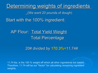 Determining weights of ingredients  (We want 20 pounds of dough) Start with the 100% ingredient:   AP Flour:  Total Yield Weight   Total Percentage   20# divided by  170.3%= 11.74#  11.74 lbs. is the 100 % weight off which all other ingredients are based.  Therefore, 11.74 will be our "factor" for calculating remaining ingredient weights. 