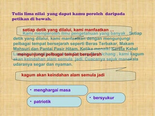 Tulis lima nilai  yang dapat kamu peroleh  daripada petikan di bawah. Kami memperoleh ilmu pengetahuan yang banyak . Setiap detik yang dilalui, kami manfaatkan dengan mengunjungi pelbagai tempat bersejarah seperti Beras Terbakar, Makam Mahsuri dan Pantai Pasir Hitam. Ketika menaiki Kereta Kabel Langkawi menuju ke puncak Gunung Machichang , kami kagum akan keindahan alam semula  jadi. Cuacanya sejuk manakala udaranya segar dan nyaman.  setiap detik yang dilalui, kami manfaatkan … mengunjungi pelbagai tempat bersejarah kagum akan keindahan alam semula jadi menghargai masa patriotik  bersyukur 