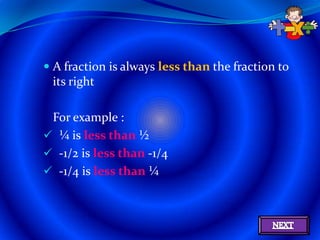  A fraction is always less than the fraction to
  its right

 For example :
 ¼ is less than ½
 -1/2 is less than -1/4
 -1/4 is less than ¼
 
