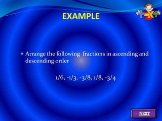 EXAMPLE


 Arrange the following fractions in ascending and
 descending order

             1/6, -1/3, -3/8, 1/8, -3/4
 