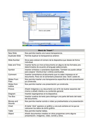 Menú de “Insert “
New Slide         Nos permite inserta una nueva transparencia.
Duplicate Slide   Permite duplicar la transparencia anterior.

Slide Number      Sirve para colocar el número de la diapositiva que desee de forma
                  individual.
Date and Time     Insertar fecha y/u hora al documento en alguno de los formatos pre-
                  determinados de acuerdo al lenguaje seleccionado.
Symbol            Insertar símbolos o caracteres especiales. También se puede utilizar
                  para asignar “shortcut key” a letras acentuadas.
Comment           Insertar comentarios al documento que no salen impresos en el
                  documento. Para ver el comentario presionar (dos “click”) sobre él.
Slides From       Nos permite insertar una transparencia específica de otra presentación
Files             ya construida.
Slides from       Nos permite insertar una presentación ya construida.
outline
Picture           Añadir imágenes a su documento con el fin de ilustrar aspectos del
                  mismo o añadir interés a su contenido general.
Diagram           Insertar organigramas en la diapositiva.
Tex Box           Insertar cuadros de texto para distinguir una parte del texto del resto
                  del documento.
Movies and        Nos permite insertar sonido o video ya prediseñados a la presentación.
Sounds
Chart             Al darle “click” aparece un gráfico y una sub-ventana en la que se
                  colocaran los datos de dicho gráfico.
Table             Nos permite insertar tablas.
Object            Añadir documentos creados en otros programas como alguna
                  presentación, imágenes, video, sonido y otros.
 