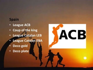 Spain
•   League ACB
•   Coup of the king
•   League Catalan LEB
•   League Catalan EBA
•   Deco gold
•   Deco plate
 