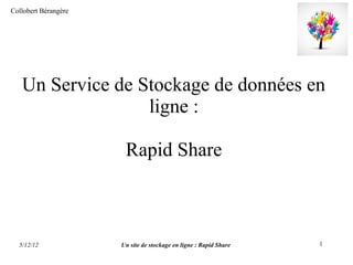 Collobert Bérangère




   Un Service de Stockage de données en
                  ligne :

                       Rapid Share



  5/12/12             Un site de stockage en ligne : Rapid Share   1
 