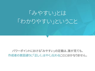 パワーポイントにおける「みやすい」の定義は、誰が見ても、
作成者の意図通りに「正しく、はやく」伝わることにほかなりません。
「みやすい」とは
「わかりやすい」ということ
 