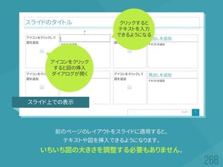 前のページのレイアウトをスライドに適用すると、
テキストや図を挿入できるようになります。
いちいち図の大きさを調整する必要もありません。
クリックすると
テキストを入力
できるようになる
アイコンをクリック
すると図の挿入
ダイアログが開く
スライド上での表示
 