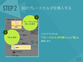 「スライドマスタ」の
「プレースホルダの挿入」から「図」を
選択します。
図のプレースホルダを挿入するSTEP 2
1
「プレースホルダの
挿入」を選択
2
「図」を選択
 