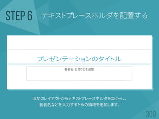 テキストプレースホルダを配置するSTEP 6
ほかのレイアウトからテキストプレースホルダをコピーし、
著者名などを入力するための領域を追加します。
 