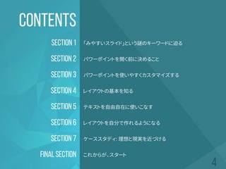 SECTION 1 「みやすいスライド」という謎のキーワードに迫る
SECTION 6 レイアウトを自分で作れるようになる
SECTION 7 ケーススタディ: 理想と現実を近づける
FINAL SECTION これからが、スタート
SECTION 2 パワーポイントを開く前に決めること
SECTION 3 パワーポイントを使いやすくカスタマイズする
SECTION 4 レイアウトの基本を知る
SECTION 5 テキストを自由自在に使いこなす
CONTENTS
 