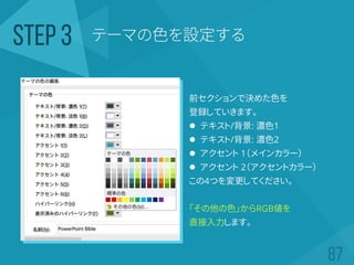 前セクションで決めた色を
登録していきます。
 テキスト/背景: 濃色1
 テキスト/背景: 濃色2
 アクセント 1（メインカラー）
 アクセント 2（アクセントカラー）
この4つを変更してください。
「その他の色」からRGB値を
直接入力します。
テーマの色を設定するSTEP 3
 