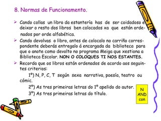 8. Normas de Funcionamento.
 Cando collas un libro da estantería has de ser coidadoso e
deixar o resto dos libros ben colocados xa que están orde-
nados por orde alfabética.
 Cando devolvas o libro, antes de colocalo no carriño corres-
pondente deberás entregalo á encargada da biblioteca para
que o anote como devolto no programa Meiga que xestiona a
Biblioteca Escolar. NON O COLOQUES TI NOS ESTANTES.
 Recorda que os libros están ordenados de acordo aos seguin-
tes criterios:
1º) N, P, C, T según sexa narrativa, poesía, teatro ou
cómic.
2º) As tres primeiras letras do 1º apelido do autor.
3º) As tres primeiras letras do título.
N
AND
con
 
