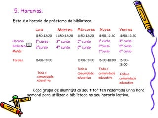 5. Horarios.
Luns Martes Mércores Xoves Venres
Horario
Biblioteca
Mañás
11:50-12:20
1º curso
2ºcurso
11:50-12:20
3º curso
4º curso
11:50-12:20
5º curso
6º curso
11:50-12:20
1º curso
2ºcurso
3ºcurso
11:50-12:20
4º curso
5º curso
6º curso
Tardes 16:00-18:00 16:00-18:00
Toda a
comunidade
educativa
16:00-18:00
Toda a
comunidade
educativa
16:00-
18:00
Toda a
comunidade
educativa
Este é o horario de préstamo da biblioteca.
Cada grupo de alumn@s co seu titor ten reservada unha hora
semanal para utilizar a biblioteca no seu horario lectivo.
Toda a
comunidade
educativa
 