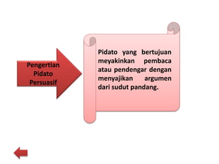 Pidato yang bertujuan
meyakinkan pembaca
atau pendengar dengan
menyajikan argumen
dari sudut pandang.
Pengertian
Pidato
Persuasif
 