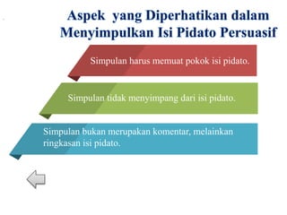 .
Simpulan harus memuat pokok isi pidato.
Simpulan tidak menyimpang dari isi pidato.
Simpulan bukan merupakan komentar, melainkan
ringkasan isi pidato.
 