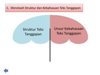 Struktur Teks
Tanggapan
Unsur Kebahasaan
Teks Tanggapan
C. Menelaah Struktur dan Kebahasaan Teks Tanggapan
 