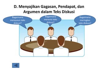 D. Menyajikan Gagasan, Pendapat, dan
Argumen dalam Teks Diskusi
Bagaimana
menyusun teks
diskusi?
Bagaimana
merevisi teks
diskusi?
Bagaimana
meringkas
teks diskusi?
 