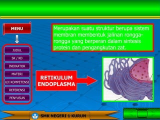 MENU               Merupakan suatu struktur berupa sistem
                      membran membentuk jalinan rongga-
                      rongga yang berperan dalam sintesis
    JUDUL
                      protein dan pengangkutan zat.
   SK / KD

  INDIKATOR

   MATERI
                  RETIKULUM
UJI KOMPETENSI
                 ENDOPLASMA
  REFERENSI

  PENYUSUN




                 SMK NEGERI 1 KURUN
 